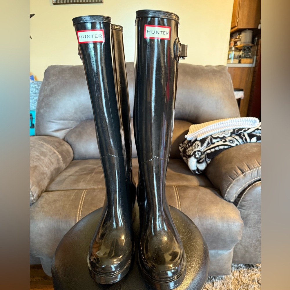 Hunter Black Glossy Knee-High Boots